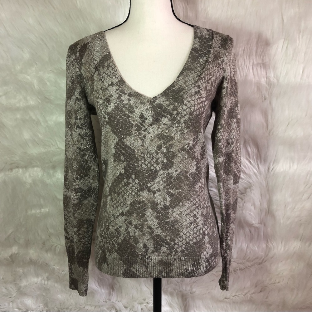 Express Snake Print Silver Metallic Thread V Neck Top